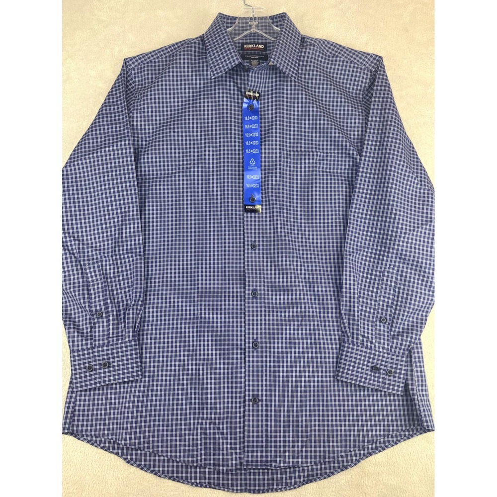 Kirkland Signature Mens‎ 16.5X32/33 Blue Pima Cotton Non-Iron Dress Shirt NWT
